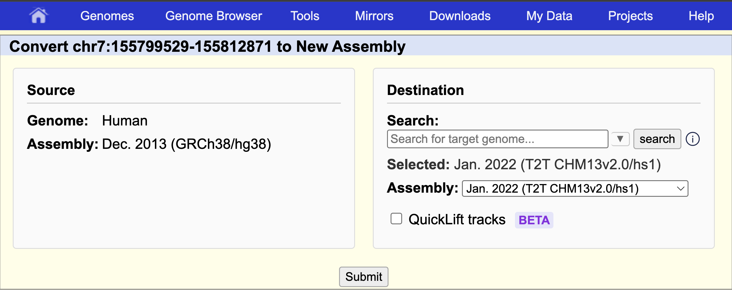 The Convert page showing Source assembly (hg38), Destination with Search bar, Assembly dropdown, and QuickLift tracks checkbox