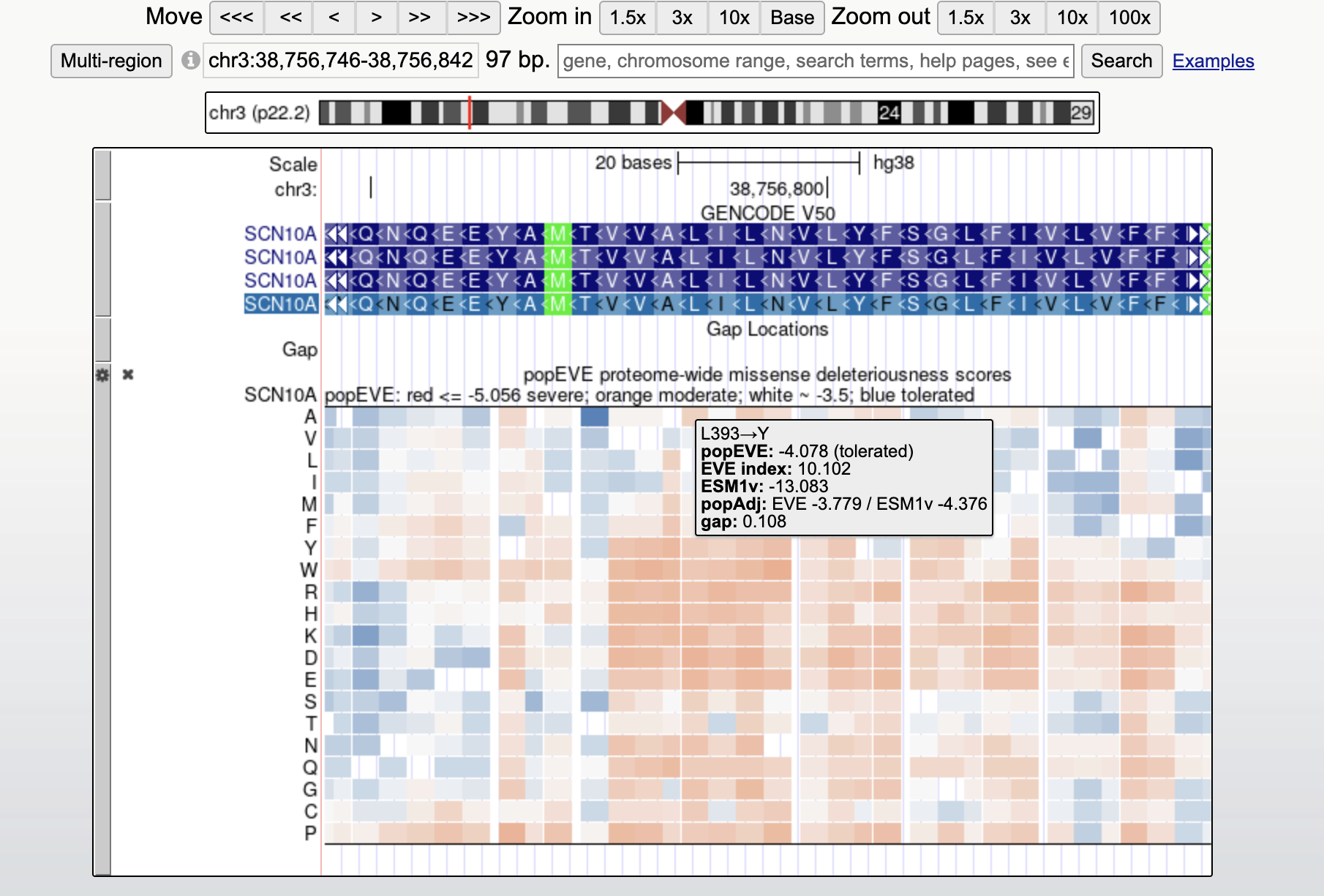 Genome Browser screenshot of the popEVE track at the SCN10A locus on hg38